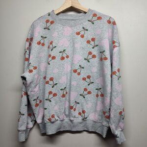 Zoe + Liv Sweatshirt Women M Gray Cherries Hearts Girly Coquette Retro Lounge